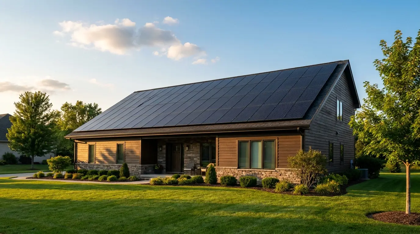 Modern suburban home with a full rooftop solar panel array in warm late-afternoon sunlight